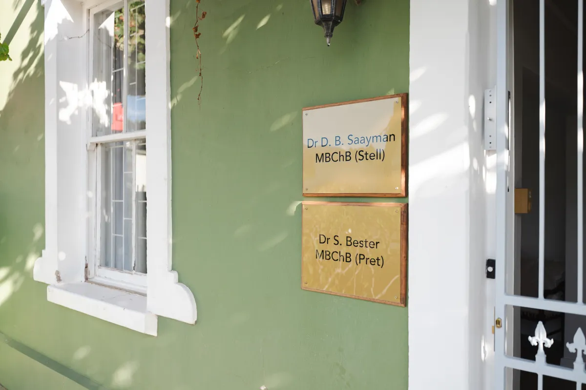 Mountain Med practice entrance in Montagu showing the doctors' nameplates